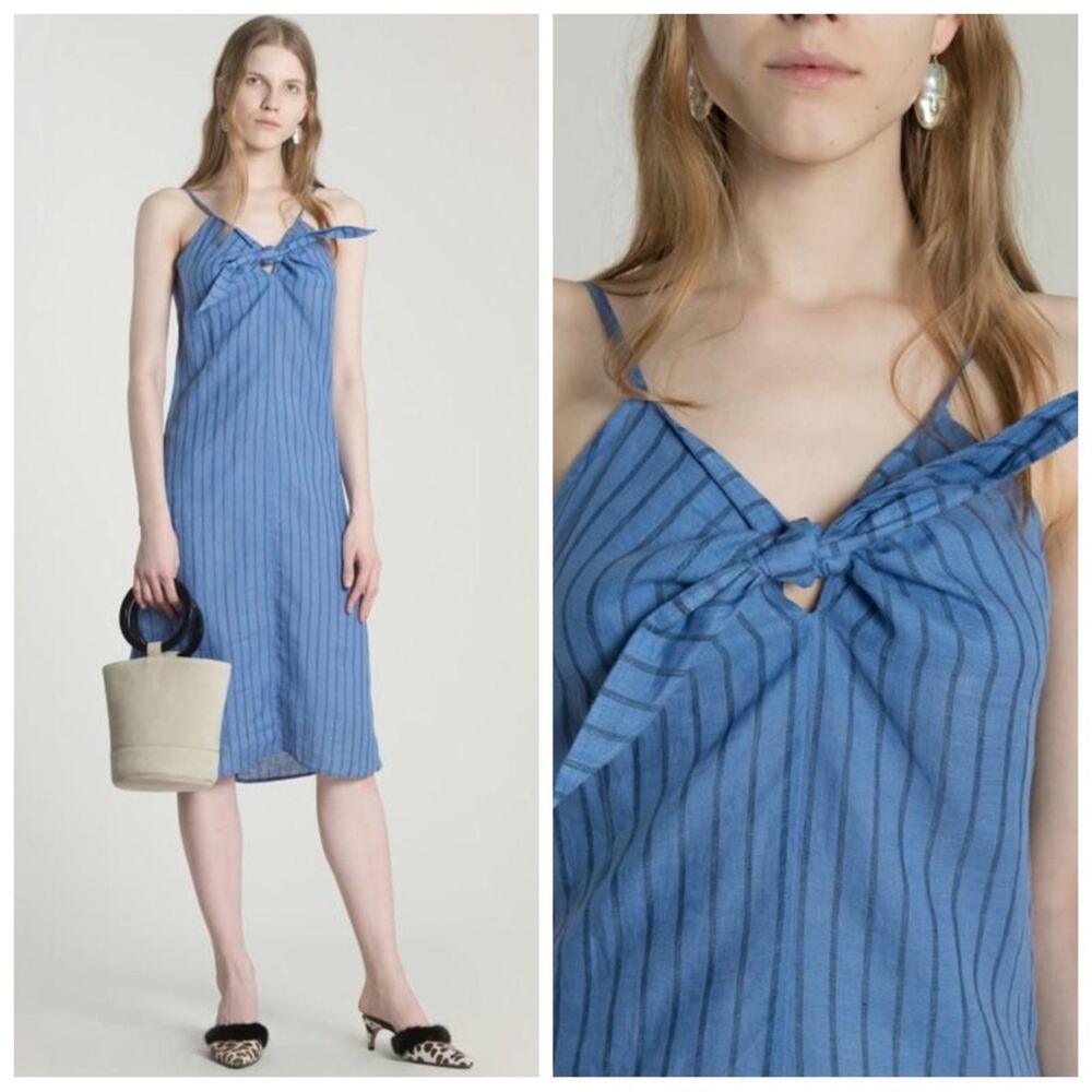 Simon Miller Linen Oriska Bow Tie Front Blue Spaghetti Strap Stripe Slip Dress